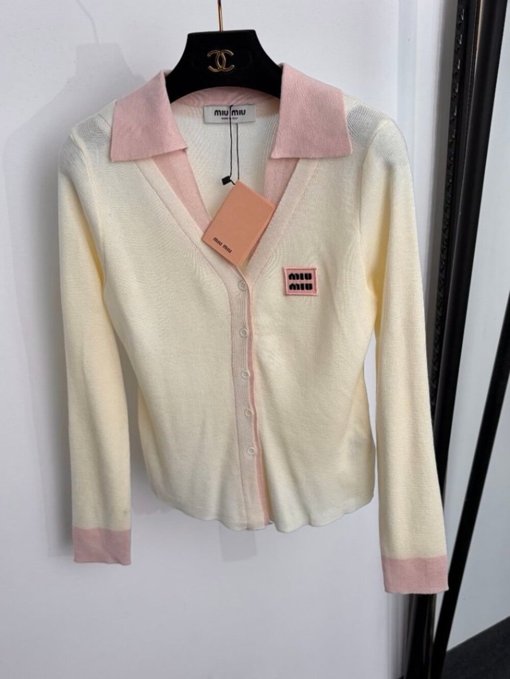 Miu Miu Color-Block Collared Long-Sleeve Knit Cardigan